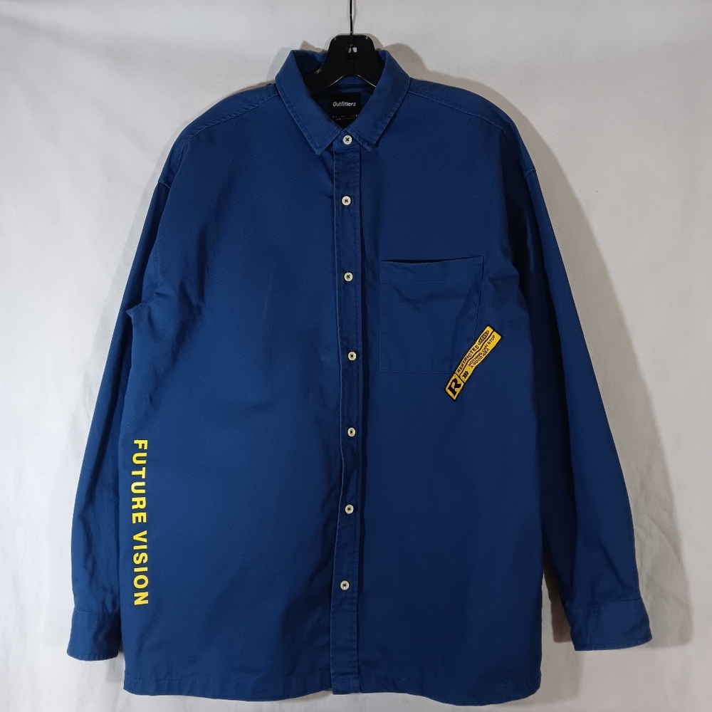 Outfitters Mens Large Blue Shirt Twill Button Up Graphic Future Vision Long Slv